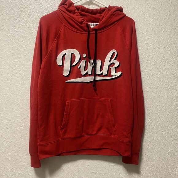 victoria secret pink Large Sweater Red L White Spell Out Logo Embroidered G1 - Picture 1 of 10